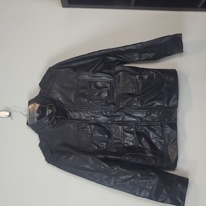 Vintage LEVI'S Brown Polyvinyl Faux Leather Hidden Hood Bomber Biker Jacket -L